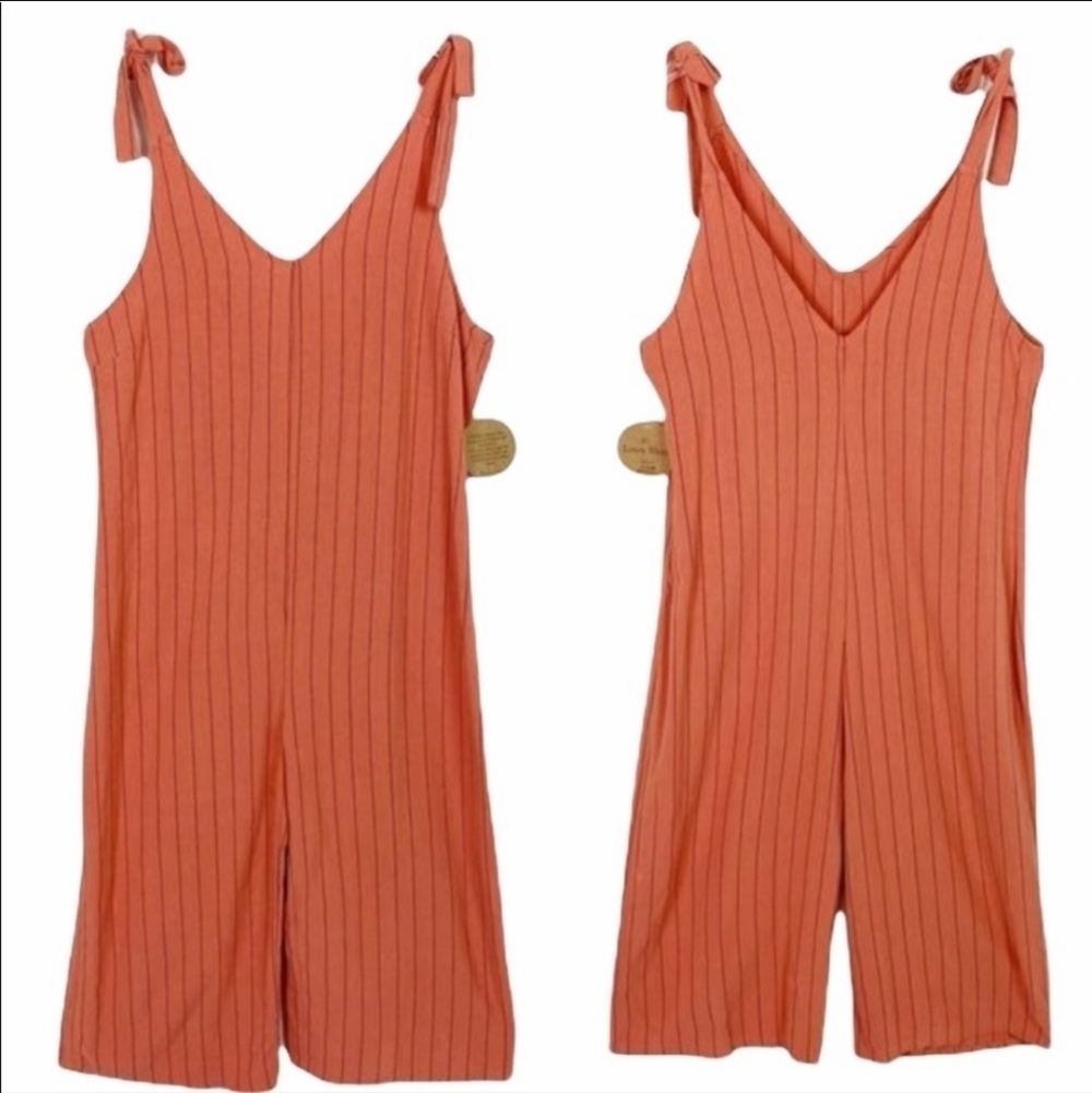 Urban Romantics salmon linen blend tie shoulder vneck jumsuit - Picture 2 of 6